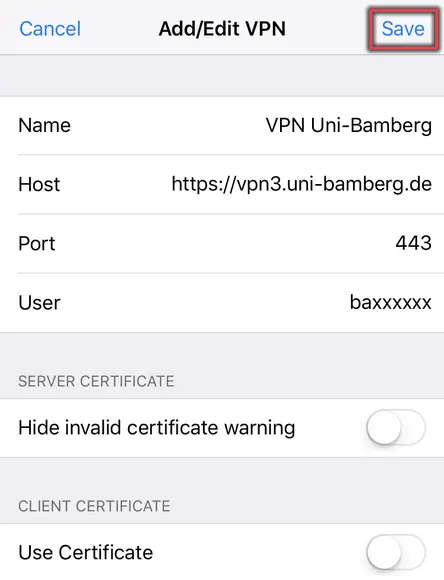 Ansicht Einstellungen der VPN-Optionen