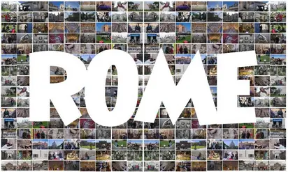 Collage of different pictures from Rome with the word Rome in the foreground in white font.