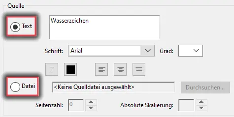 Auswahl Wasserzeichen als Text oder Bild