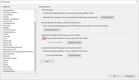 Ansicht Einstellungen Vertrauensdienste Adobe AATL-Server laden