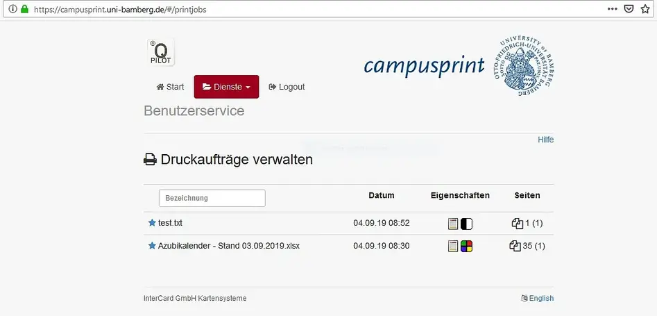 Ansicht campusprint Dienst Druckauftr?ge verwalten