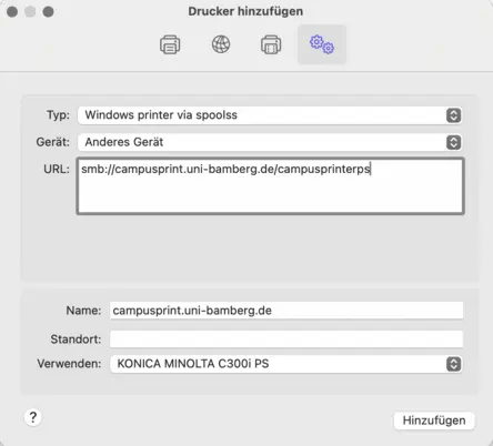 Set up printer view SMB path and name of the campus printer